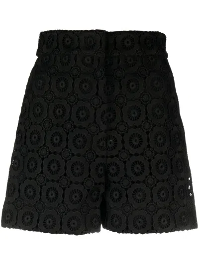 Moschino Textured Floral High-waisted Shorts With Relaxed Fit In Black