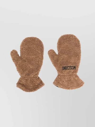 Moschino Textured Full-finger Faux-fur Gloves In Beige