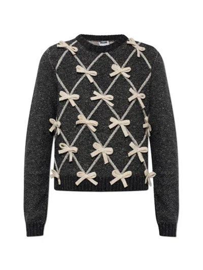 Moschino Textured Grey Knit Sweater With Decorative Bows In Black