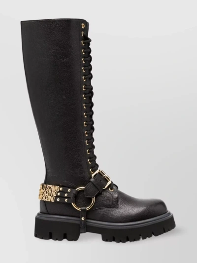 Moschino Textured Leather Knee-high Boots In Black