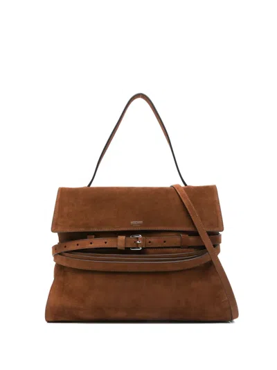 Moschino Tie Me Belted Suede Tote Bag In Brown