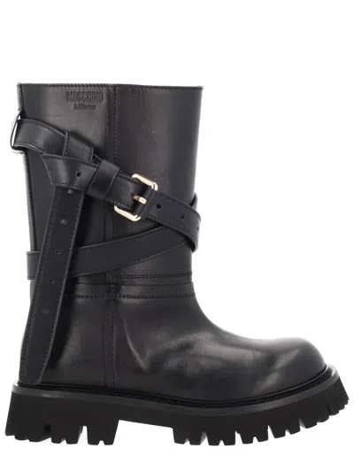 Moschino Buckle Ankle Boots In Black
