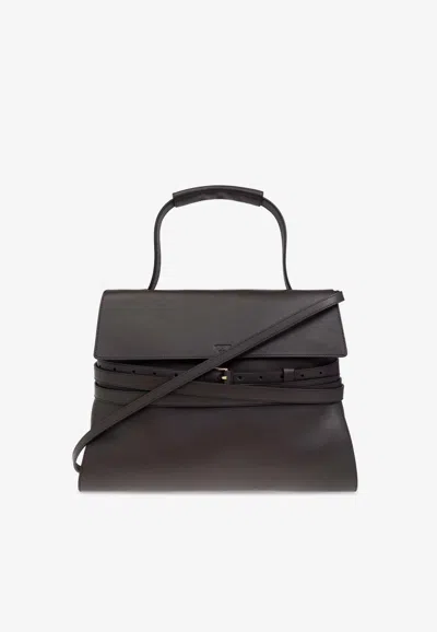 Moschino Tie Me Leather Top Handle Bag In Dark Brown