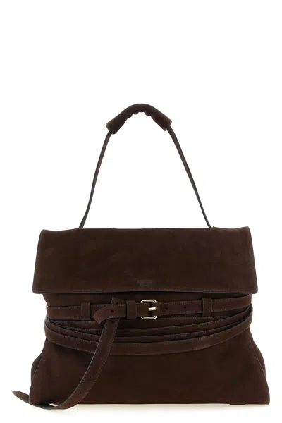 Moschino Medium Tie Me Suede Shoulder Bag In Brown