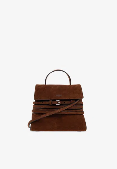 Moschino Tie Me Suede Top Handle Bag In Brown