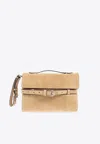 Moschino Tie Me Suede Top Handle Bag In Sand