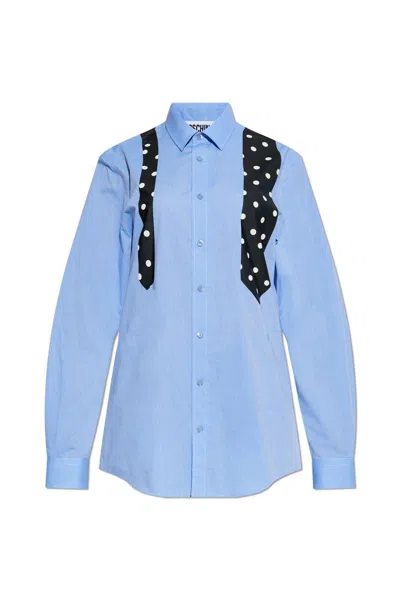 Moschino Tie-printed Curved Hem Shirt In Baby Blue