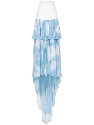 Moschino Tiered Train Silk Skirt In Blue