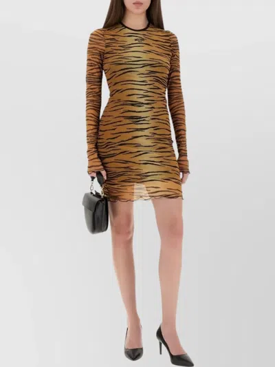 Moschino Tiger Print Sheer Overlay Fitted Dress In Brown
