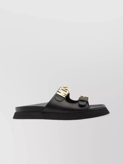 Moschino Toe Strap Leather Slides In Black