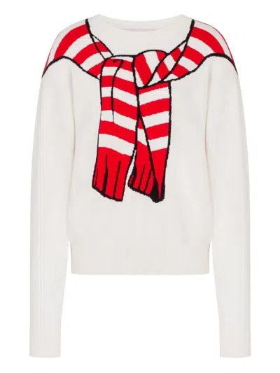 Moschino Playful Striped Knit Sweater With Graphic Accents In White