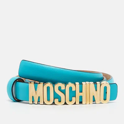 Pre-owned Moschino Turquoise Blue Leather Classic Logo Belt 90 Cm