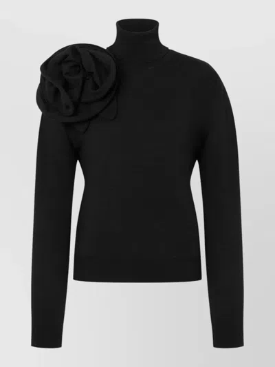 Moschino Turtleneck Knit Top Long Sleeves Floral Detail In Black