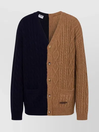 MOSCHINO TWO-TONE V-NECK CABLE KNIT SWEATER
