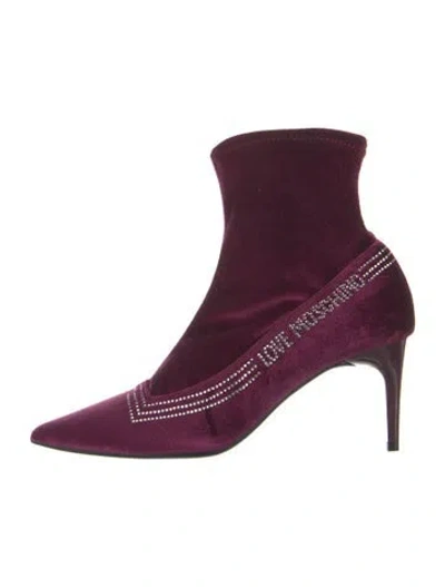 Pre-owned Moschino Velvet Graphic Print Boots In Purple