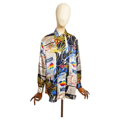 Pre-owned Moschino Vintage 1990's  'apple Mac' Print Black Colourful Pattern Satin Shirt