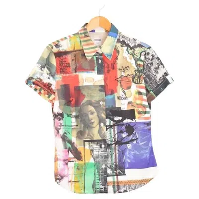 Pre-owned Moschino Vintage 1990s  Fitted Short Sleeve Shirt With Multi Pattern Artworks In Sand