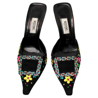 Pre-owned Moschino Vintage Floral Embroidered Mule Pumps With Crystal Buckles In Black