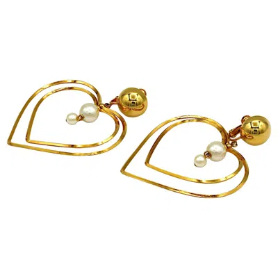 Pre-owned Moschino Vintage Gold Tone Heart & Pearl Dangle Earrings In Multi