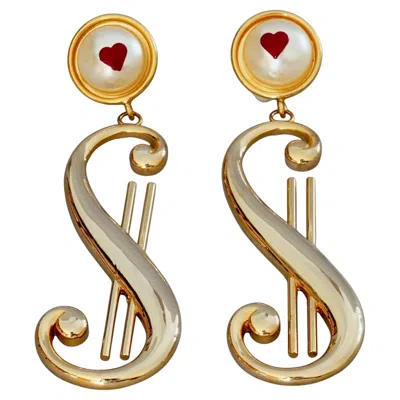 Pre-owned Moschino Vintage Massive  Dollar Sign Heart Pearl Novelty Dangling Earrings In Multi