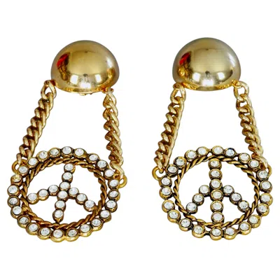 Pre-owned Moschino Vintage Massive  Peace Sign Rhinestone Novelty Dangling Earrings In Multi