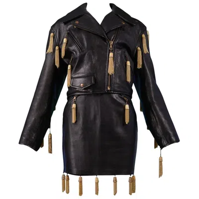 Pre-owned Moschino Vintage  Black Leather Skirt Suit With Gold Chain Tassels 1989