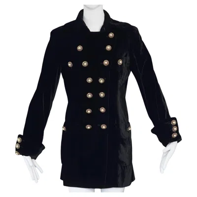Pre-owned Moschino Vintage  Couture Pearl Smiley Face Buttons Black Velvet Novelty Jacket