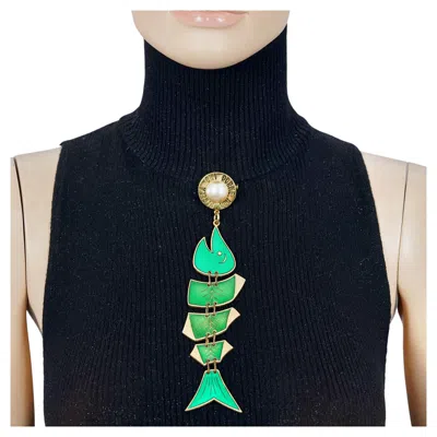 Pre-owned Moschino Vintage  Green Enamel Fish Brooch, Italian Proverb