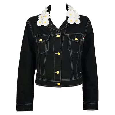 Pre-owned Moschino Vintage  Jeans "love Me, Love Me Not" Daisy Collar Denim Jacket In Black
