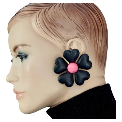 Pre-owned Moschino Vintage  Massive Black Flower Vegan Leather Novelty Earrings