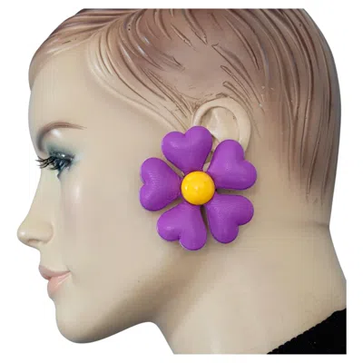 Pre-owned Moschino Vintage  Massive Purple Flower Vegan Leather Novelty Earrings