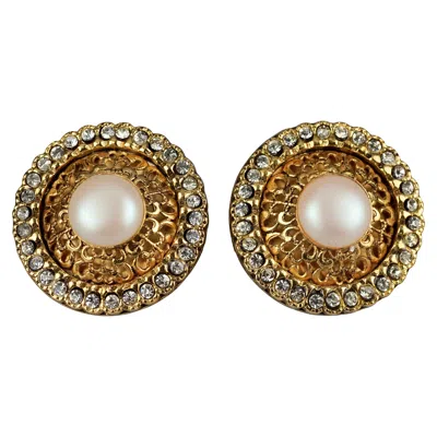 Pre-owned Moschino Vintage  Rhinestone Pearl Disc Earrings In Multi