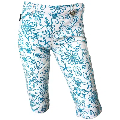 Pre-owned Moschino Vintage  Size 6 Turquoise Blue And White Novelty Clam Digger Shorts Pant
