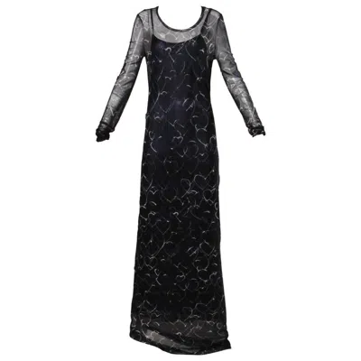 Pre-owned Moschino Vintage Navy Blue Hearts Print Mesh Maxi Dress