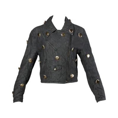 Pre-owned Moschino Vintage Quilted Denim Biker Jacket With Bottle Cap Appliques In Black