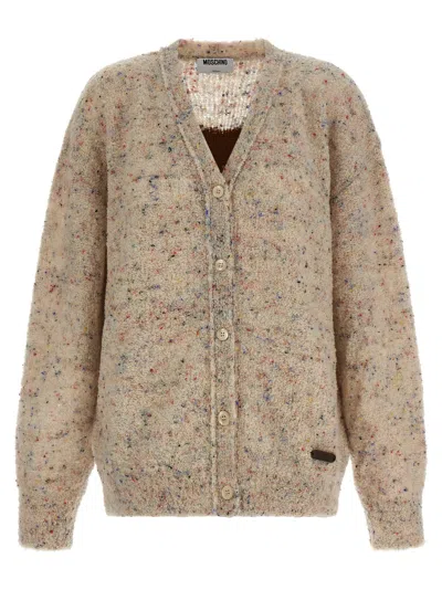 Moschino Virgin Wool Boucle Mélange Cardigan In Beige