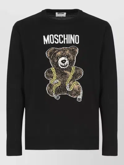 Moschino Virgin Wool Ribbed Crewneck Long-sleeve T-shirt In Black