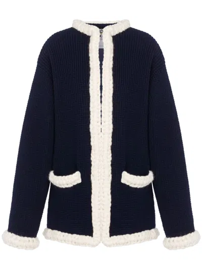 Moschino Waffle Knit Virgin Wool Cardigan In Dark Blue