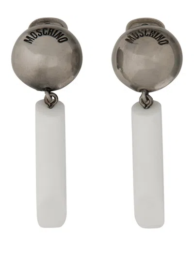 Moschino Logo Engraved Drop Earrings In Gray