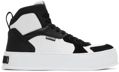 Moschino White & Black Bumps & Stripes High-top Sneakers In White/black