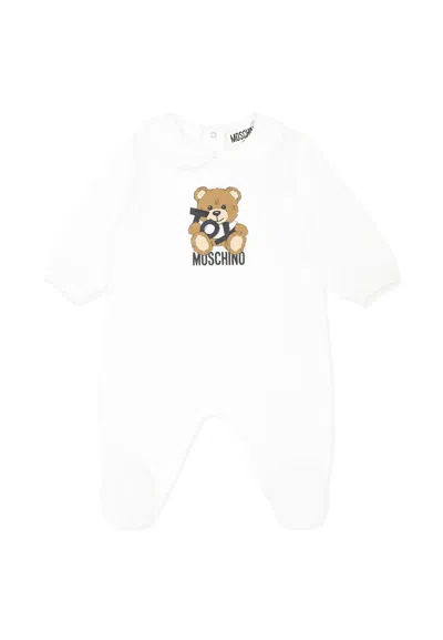 Moschino Ivory Romper For Babykids With Teddy Bear And Logo In White