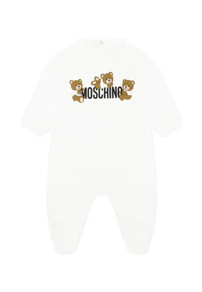 Moschino White Babygrow For Babykids With Teddy Bears In Neutral
