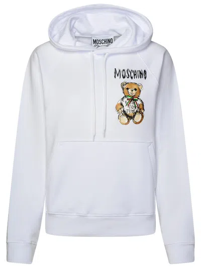 Moschino Logo Teddy Bear Printed Drawstring Hoodie In White