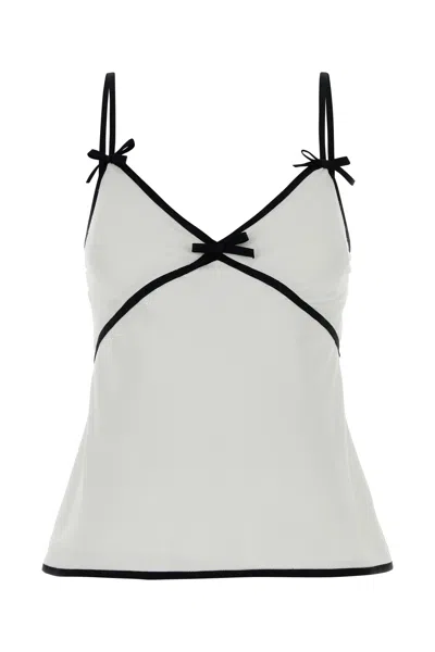 Moschino Crepe Top Sheer V Neckline Bow Trim In White