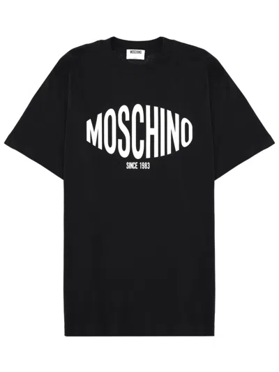 Moschino White Curved Logo Relaxed Cotton T-shirt In Black