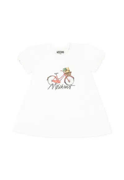 Moschino White Dress For Baby Girl With Bicycle Print