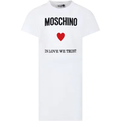 Moschino Kids' White Dress For Girl With Logo And Heart