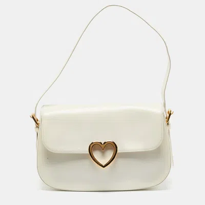 Pre-owned Moschino White Glossy Leather Heart Flap Shoulder Bag