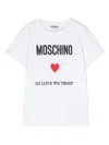Moschino White T-shirt For Girl With Logo And Red Heart In 10101 Bianca