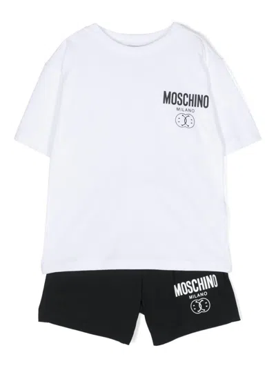 Moschino Kids' White Logo Print Cotton Short Set In Black